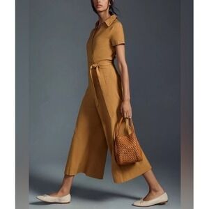 MAEVE ANTHROPOLOGIE FAUX WRAP Short Sleeve Culotte Jumpsuit Honey Women 6
